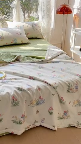 91家纺网 家纺一手货源 找家纺 金丝鸟 2023新款全棉大豆夏被四件套 温馨小兔