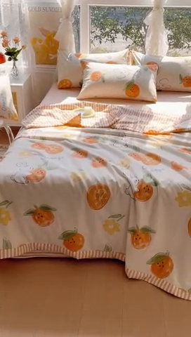 91家纺网 家纺一手货源 找家纺 金丝鸟 2023新款全棉大豆夏被四件套 心想事橙
