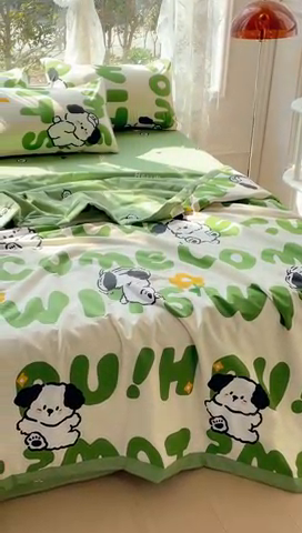 91家纺网 家纺一手货源 找家纺 金丝鸟 2023新款全棉大豆夏被四件套 乐乐狗