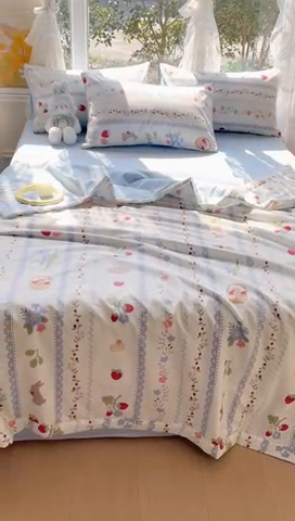 91家纺网 家纺一手货源 找家纺 金丝鸟 2023新款全棉大豆夏被四件套 蓝色花园