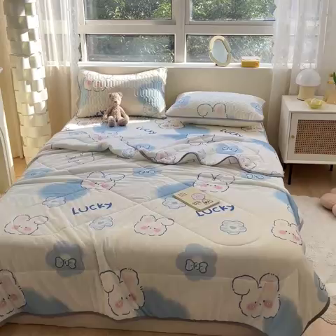 91家纺网 家纺一手货源 找家纺 沐慕2023新款凉感丝夏被四件套 爱心小兔