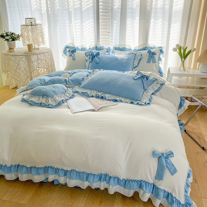 91家纺网 家纺一手货源 找家纺 唐人居 2025新款水洗棉麻梦幻系列 梦幻白蓝