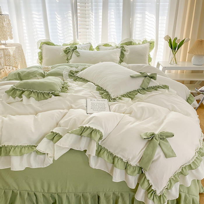 91家纺网 家纺一手货源 找家纺 唐人居 2025新款水洗棉麻梦幻系列 梦幻白绿