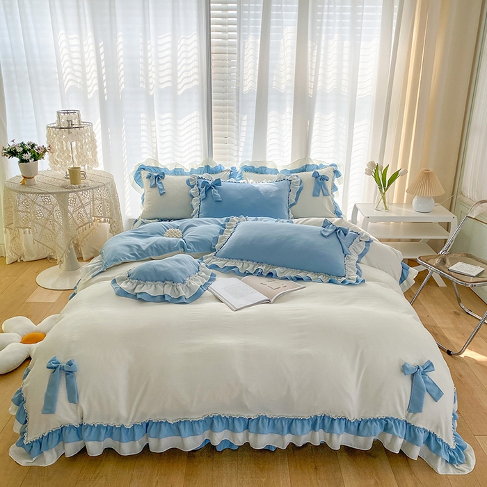 91家纺网 家纺一手货源 找家纺 唐人居 2025新款水洗棉麻梦幻系列 梦幻白蓝