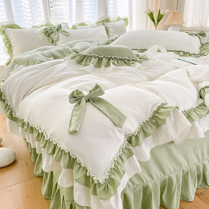 91家纺网 家纺一手货源 找家纺 唐人居 2025新款水洗棉麻梦幻系列 梦幻白绿