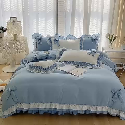 91家纺网 家纺一手货源 找家纺 唐人居 2025新款水洗棉麻梦幻系列 梦幻蓝