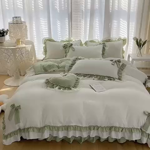 91家纺网 家纺一手货源 找家纺 唐人居 2025新款水洗棉麻梦幻系列 梦幻白绿