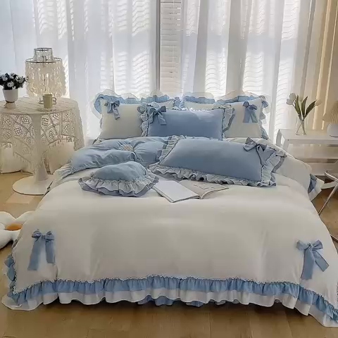 91家纺网 家纺一手货源 找家纺 唐人居 2025新款水洗棉麻梦幻系列 梦幻白蓝