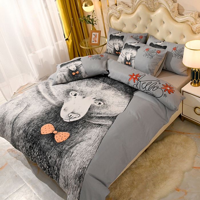 91家纺网 家纺一手货源 找家纺 爵仕 2023新款轻奢简约风全棉四件套 呆萌熊