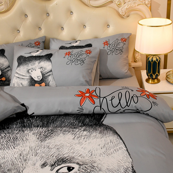 91家纺网 家纺一手货源 找家纺 爵仕 2023新款轻奢简约风全棉四件套 呆萌熊