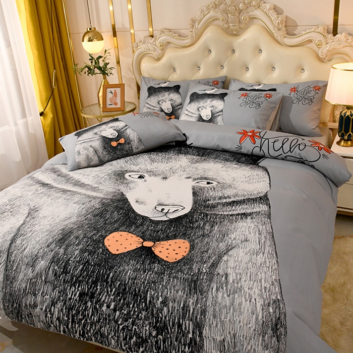 91家纺网 家纺一手货源 找家纺 爵仕 2023新款轻奢简约风全棉四件套 呆萌熊