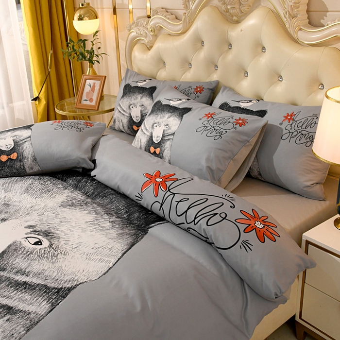 91家纺网 家纺一手货源 找家纺 爵仕 2023新款轻奢简约风全棉四件套 呆萌熊