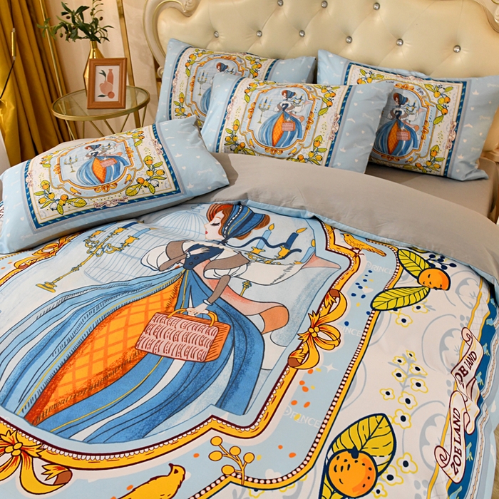 91家纺网 家纺一手货源 找家纺 爵仕 2023新款轻奢简约风全棉四件套 手绘公主