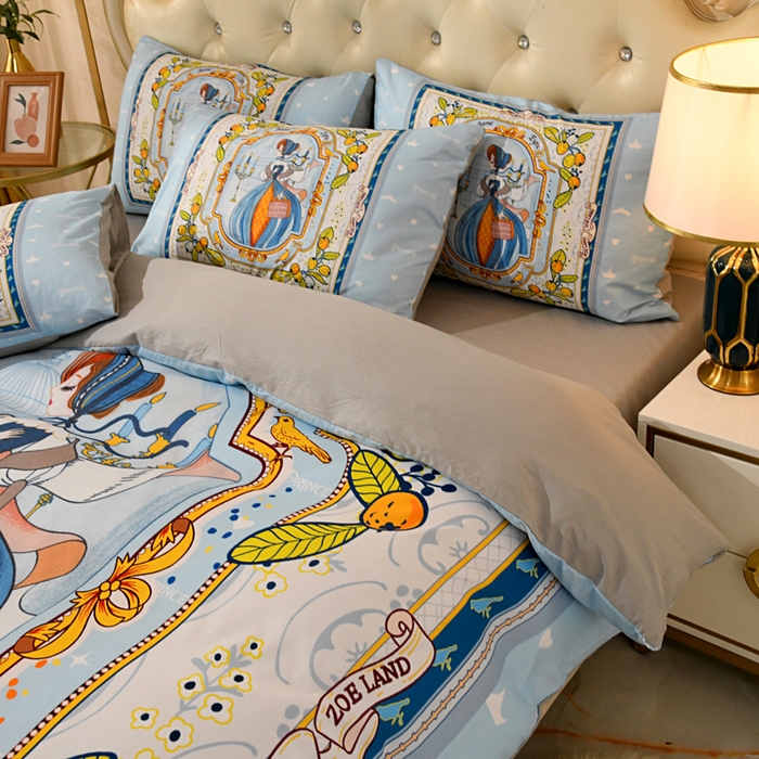 91家纺网 家纺一手货源 找家纺 爵仕 2023新款轻奢简约风全棉四件套 手绘公主