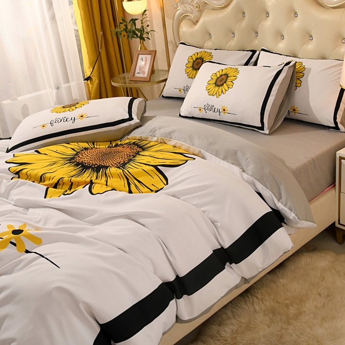 91家纺网 家纺一手货源 找家纺 爵仕 2023新款轻奢简约风全棉四件套 向日葵