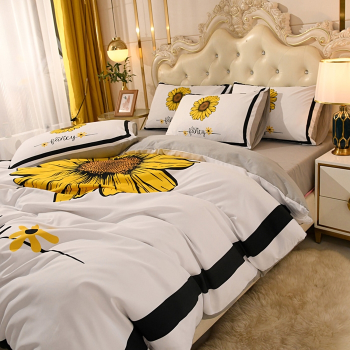 91家纺网 家纺一手货源 找家纺 爵仕 2023新款轻奢简约风全棉四件套 向日葵