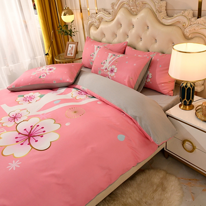 91家纺网 家纺一手货源 找家纺 爵仕 2023新款轻奢简约风全棉四件套 樱花粉