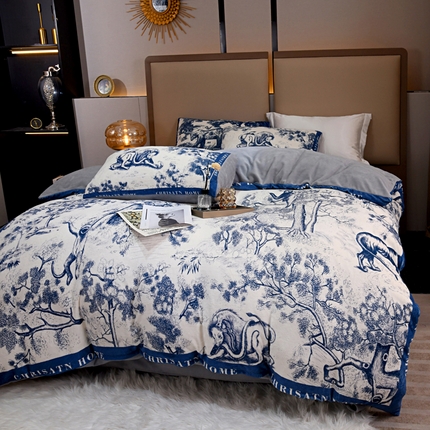 爵仕 2023新款秋冬牛奶绒数码印花四件套保暖 简约蓝