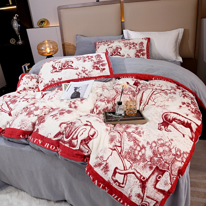 91家纺网 家纺一手货源 找家纺 爵仕 2023新款秋冬牛奶绒数码印花四件套保暖 魅力红