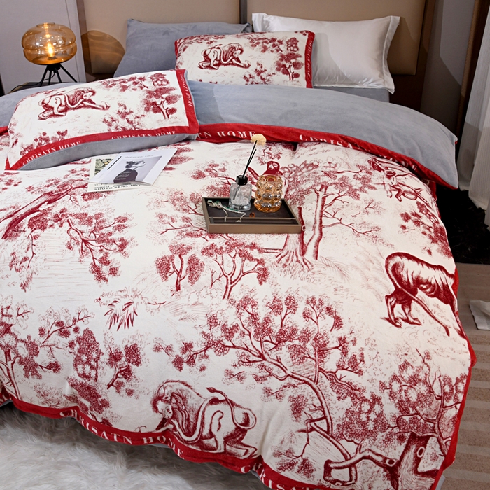 91家纺网 家纺一手货源 找家纺 爵仕 2023新款秋冬牛奶绒数码印花四件套保暖 魅力红