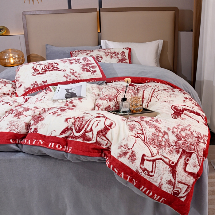 91家纺网 家纺一手货源 找家纺 爵仕 2023新款秋冬牛奶绒数码印花四件套保暖 魅力红