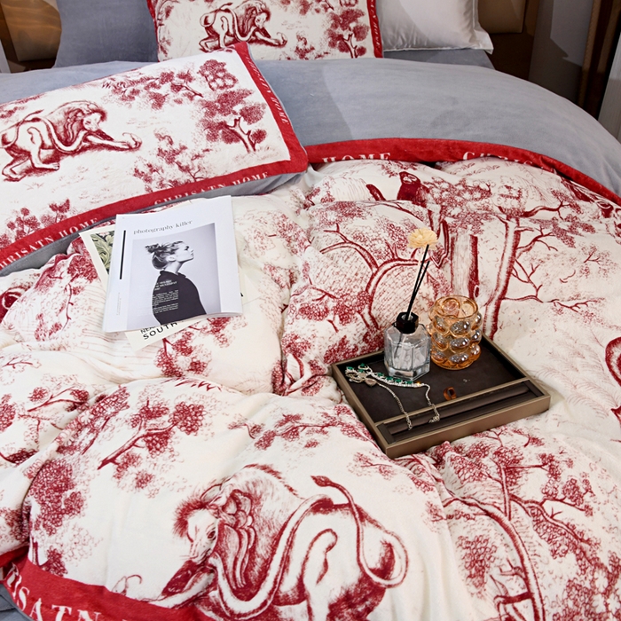 91家纺网 家纺一手货源 找家纺 爵仕 2023新款秋冬牛奶绒数码印花四件套保暖 魅力红