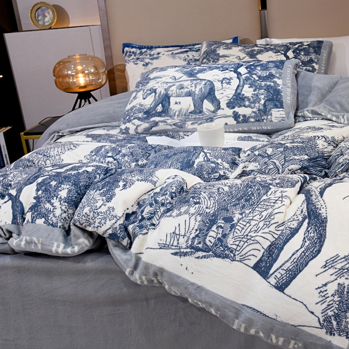 91家纺网 家纺一手货源 找家纺 爵仕 2023新款秋冬牛奶绒数码印花四件套保暖 烟灰