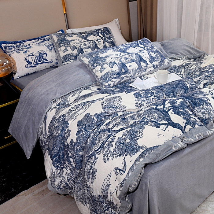 91家纺网 家纺一手货源 找家纺 爵仕 2023新款秋冬牛奶绒数码印花四件套保暖 烟灰