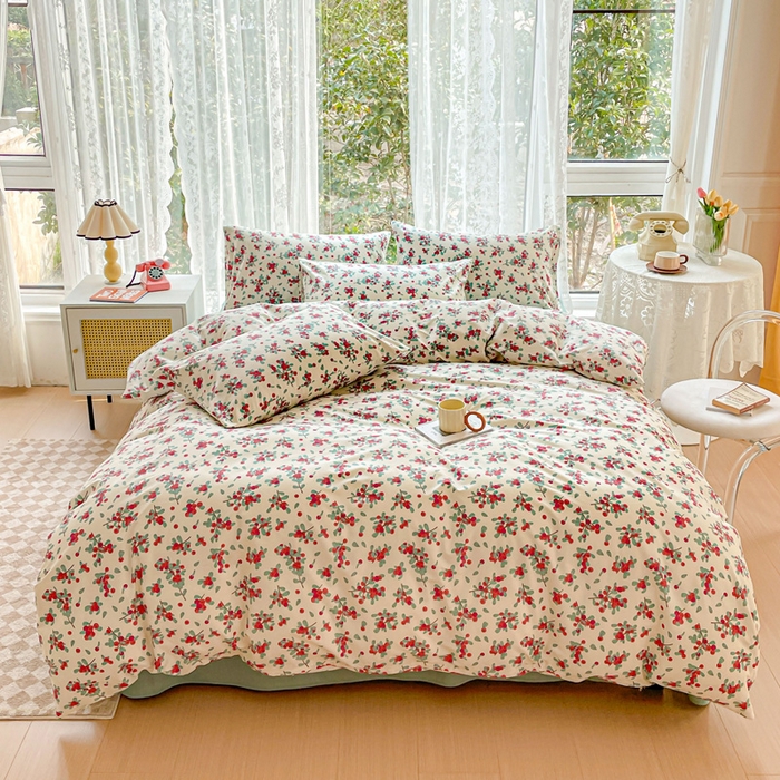 91家纺网 家纺一手货源 找家纺 金丝鸟 2023新款全棉小碎花四件套系列 丽斐 红