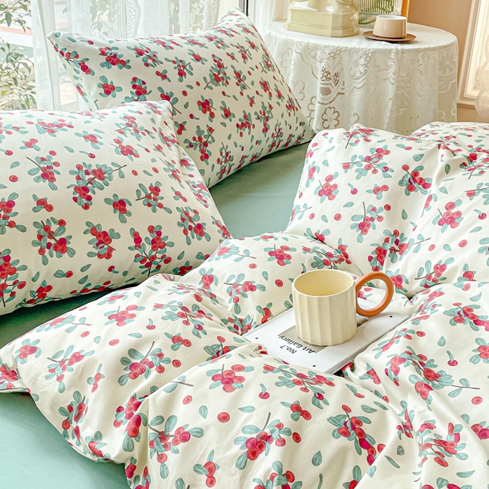 91家纺网 家纺一手货源 找家纺 金丝鸟 2023新款全棉小碎花四件套系列 丽斐 红