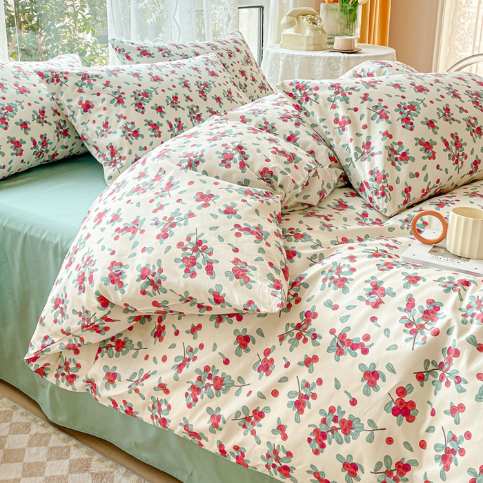 91家纺网 家纺一手货源 找家纺 金丝鸟 2023新款全棉小碎花四件套系列 丽斐 红