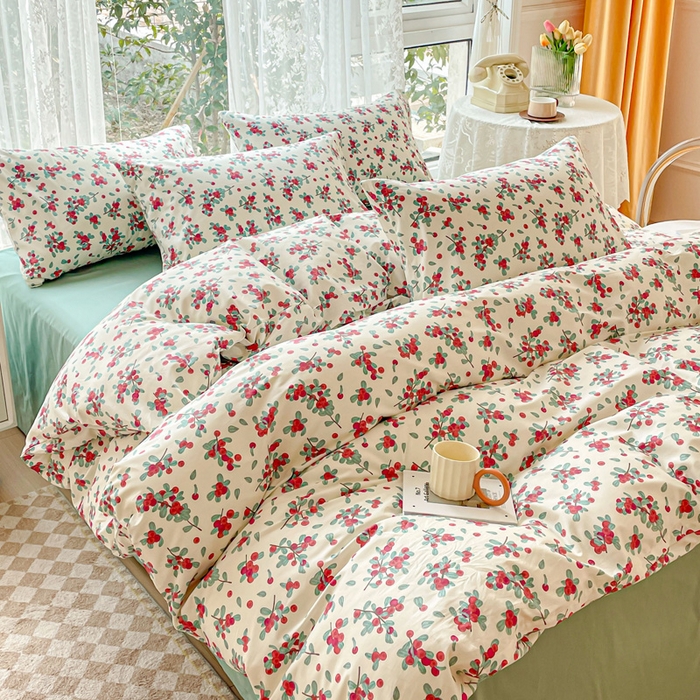 91家纺网 家纺一手货源 找家纺 金丝鸟 2023新款全棉小碎花四件套系列 丽斐 红