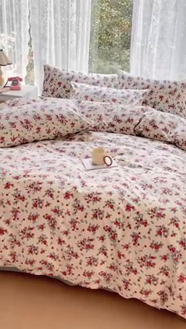 91家纺网 家纺一手货源 找家纺 金丝鸟 2023新款全棉小碎花四件套系列 丽斐 红