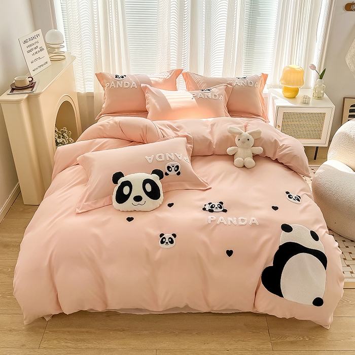 91家纺网 家纺一手货源 找家纺 娜娜 2023新款韩版毛巾绣四件套-熊猫 熊猫嘟嘟-粉