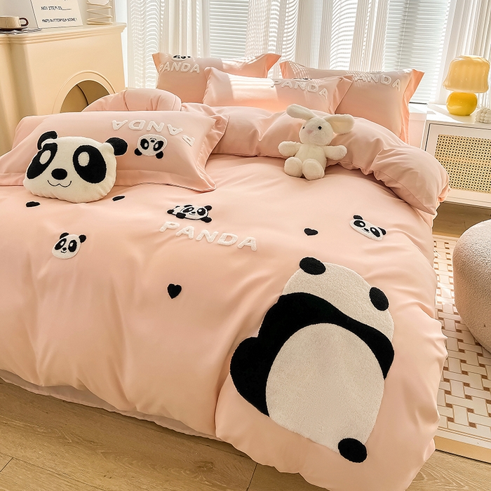 91家纺网 家纺一手货源 找家纺 娜娜 2023新款韩版毛巾绣四件套-熊猫 熊猫嘟嘟-粉