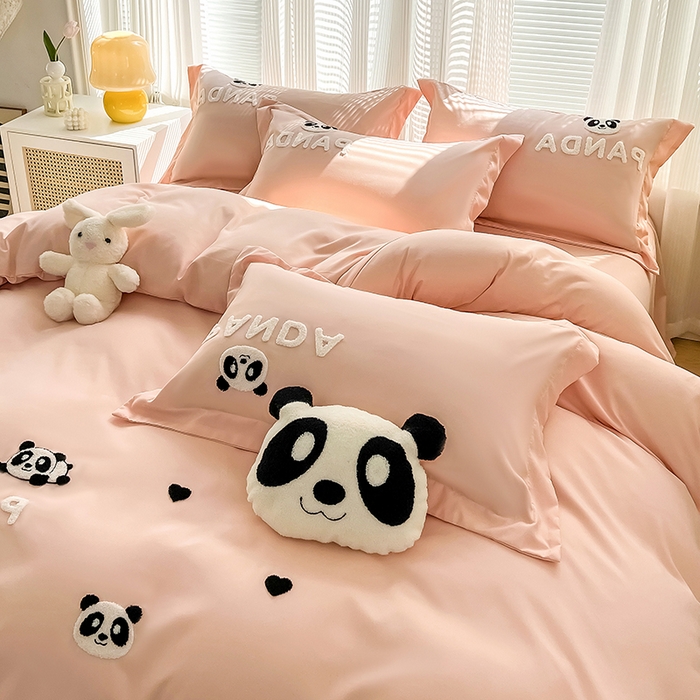 91家纺网 家纺一手货源 找家纺 娜娜 2023新款韩版毛巾绣四件套-熊猫 熊猫嘟嘟-粉