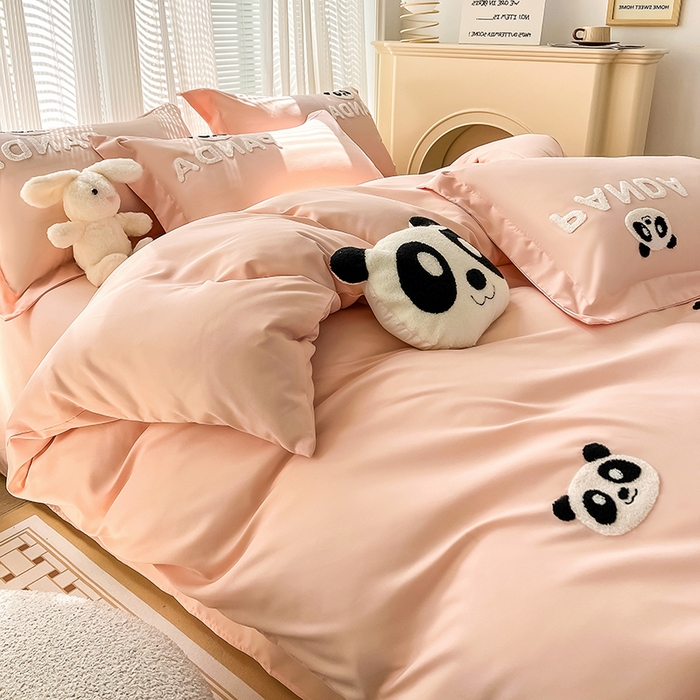 91家纺网 家纺一手货源 找家纺 娜娜 2023新款韩版毛巾绣四件套-熊猫 熊猫嘟嘟-粉