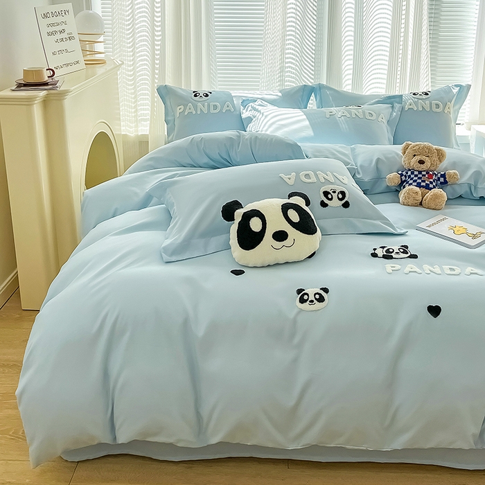 91家纺网 家纺一手货源 找家纺 娜娜 2023新款韩版毛巾绣四件套-熊猫 熊猫嘟嘟-天空蓝