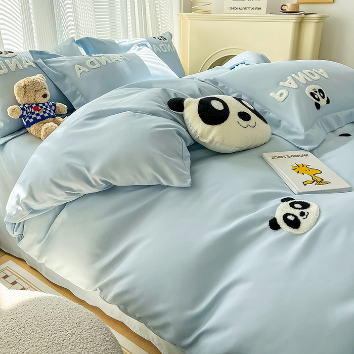 91家纺网 家纺一手货源 找家纺 娜娜 2023新款韩版毛巾绣四件套-熊猫 熊猫嘟嘟-天空蓝