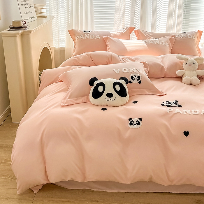 91家纺网 家纺一手货源 找家纺 娜娜 2023新款韩版毛巾绣四件套-熊猫 熊猫嘟嘟-粉