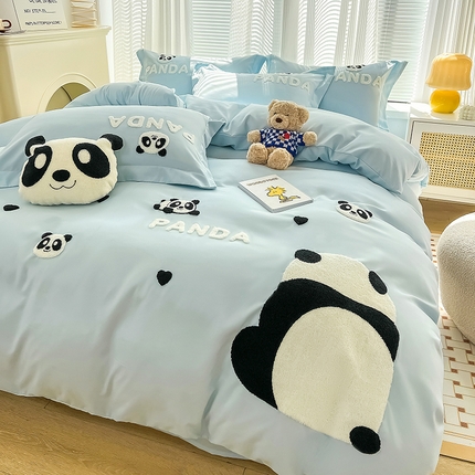 娜娜 2023新款韩版毛巾绣四件套-熊猫 熊猫嘟嘟-天空蓝