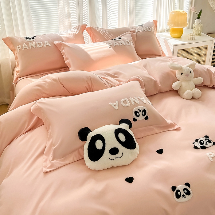 91家纺网 家纺一手货源 找家纺 娜娜 2023新款韩版毛巾绣四件套-熊猫 熊猫嘟嘟-粉