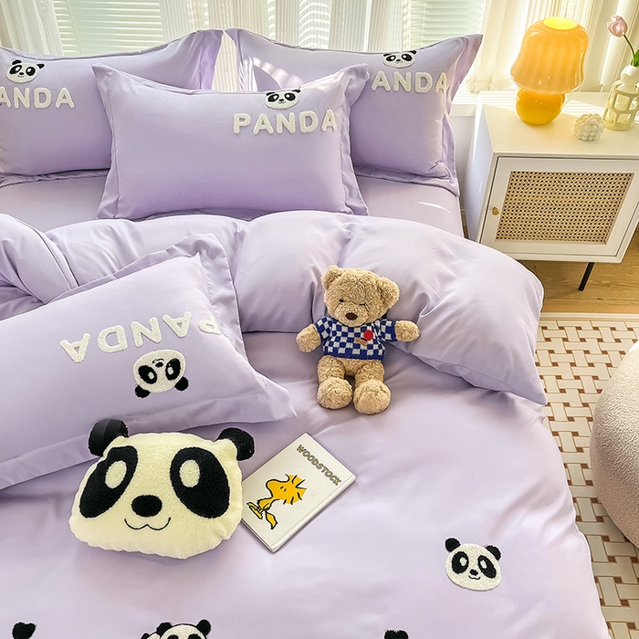91家纺网 家纺一手货源 找家纺 娜娜 2023新款韩版毛巾绣四件套-熊猫 熊猫嘟嘟-浅紫