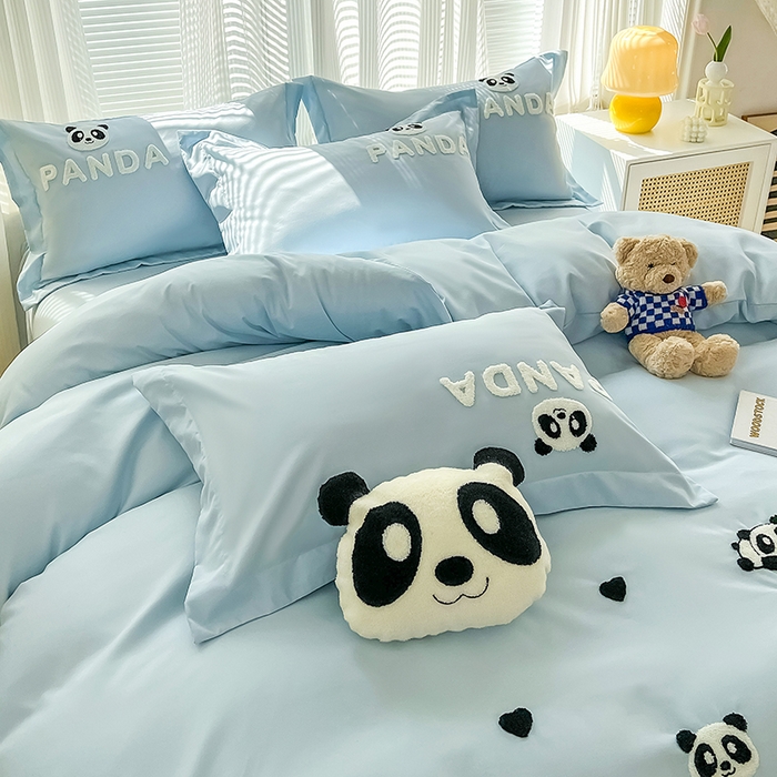91家纺网 家纺一手货源 找家纺 娜娜 2023新款韩版毛巾绣四件套-熊猫 熊猫嘟嘟-天空蓝