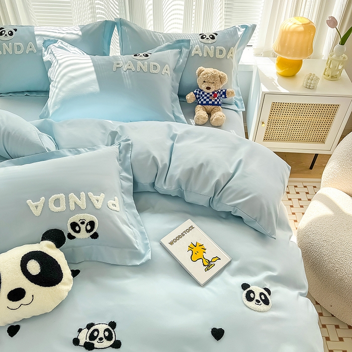 91家纺网 家纺一手货源 找家纺 娜娜 2023新款韩版毛巾绣四件套-熊猫 熊猫嘟嘟-天空蓝