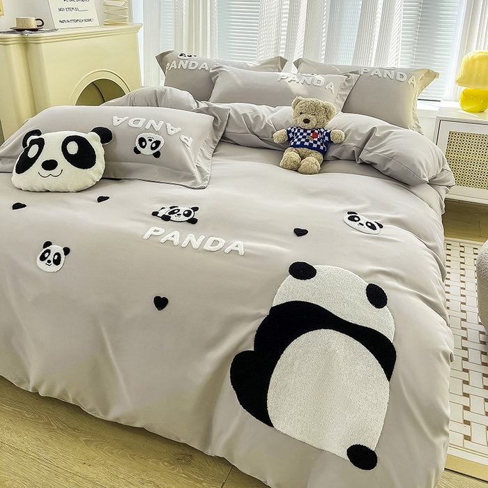 91家纺网 家纺一手货源 找家纺 娜娜 2023新款韩版毛巾绣四件套-熊猫 熊猫嘟嘟-灰