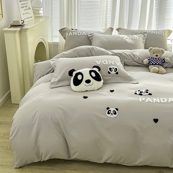 91家纺网 家纺一手货源 找家纺 娜娜 2023新款韩版毛巾绣四件套-熊猫 熊猫嘟嘟-灰