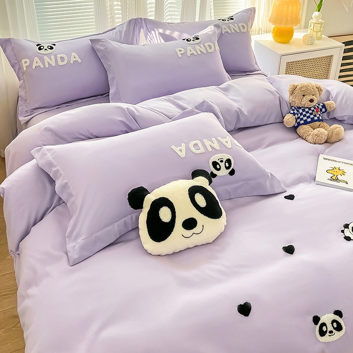 91家纺网 家纺一手货源 找家纺 娜娜 2023新款韩版毛巾绣四件套-熊猫 熊猫嘟嘟-浅紫