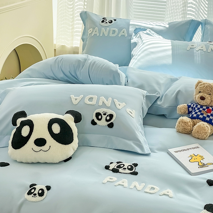91家纺网 家纺一手货源 找家纺 娜娜 2023新款韩版毛巾绣四件套-熊猫 熊猫嘟嘟-天空蓝