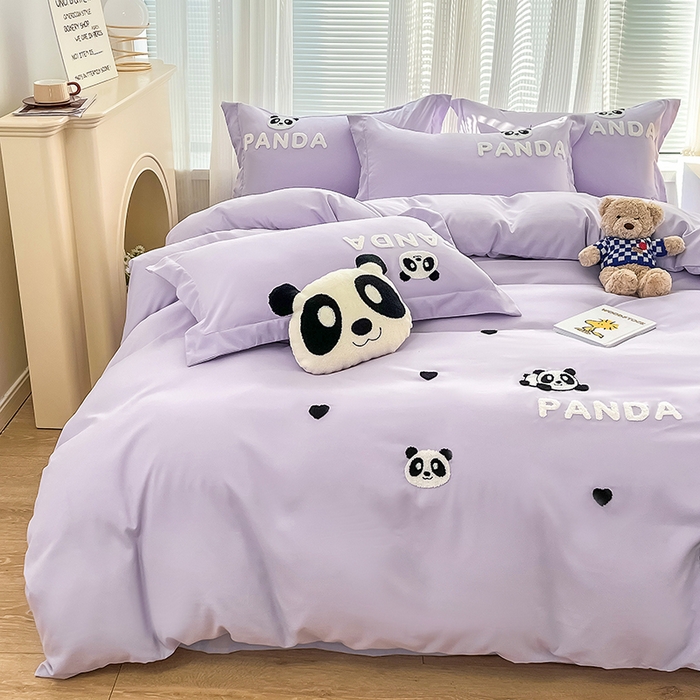 91家纺网 家纺一手货源 找家纺 娜娜 2023新款韩版毛巾绣四件套-熊猫 熊猫嘟嘟-浅紫